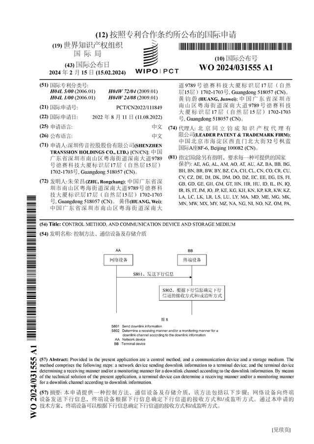 传音控股公布国际专利申请：“控制方法、通信设备及存储介质”