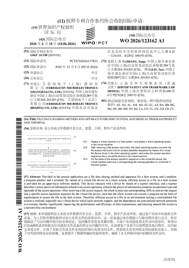 芯原股份公布国际专利申请：“宿主系统文件数据共享方法、装置、介质、程序产品及终端”
