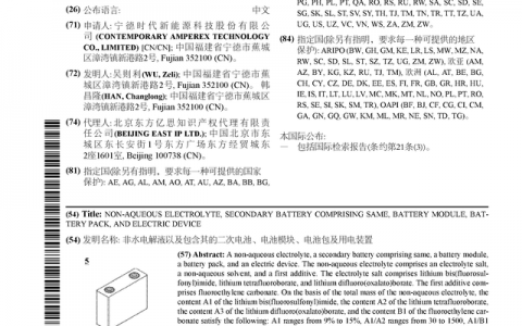宁德时代新获得国际专利授权：“非水电解液以及包含其的二次电池、电池模块、电池包及用电装置”