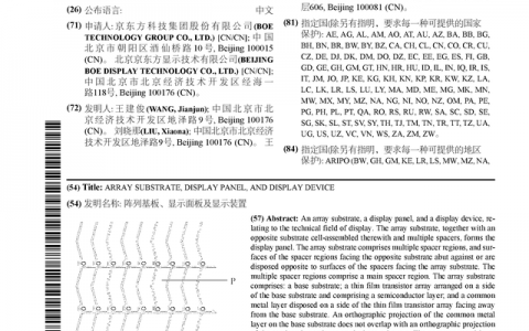 京东方Ａ获得国际专利授权：“阵列基板、显示面板及显示装置”