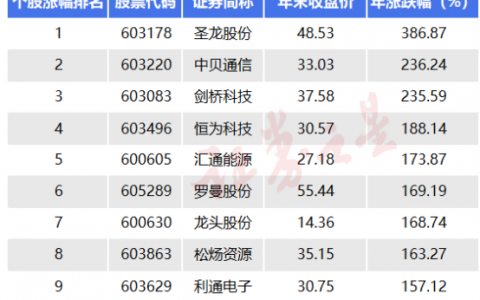 2023沪市主板十大牛股：圣龙股份大幅领跑