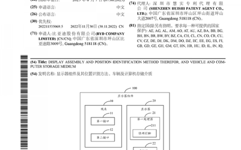 比亚迪公布国际专利申请：“显示器组件及其位置识别方法、车辆及计算机存储介质”
