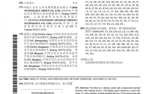 京东方Ａ公布国际专利申请：“显示面板及其制备方法、显示装置”