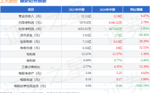 上大股份（301522）2026年中报简析：营收净利润同比双双增长，存货明显上升