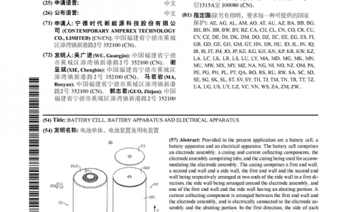 宁德时代公布国际专利申请：“电池单体、电池装置及用电装置”